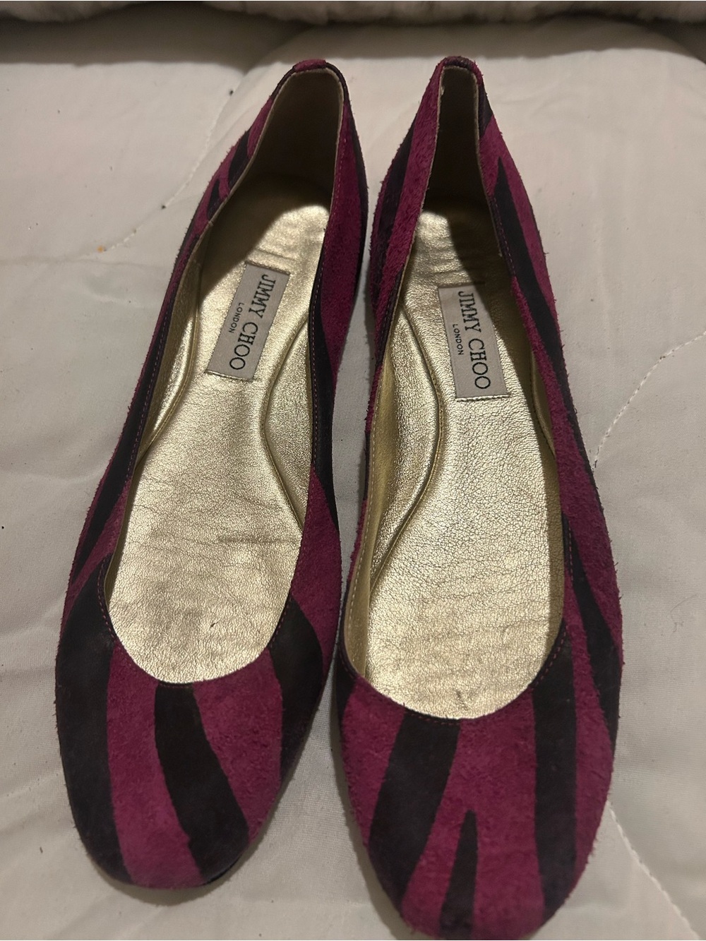 Jimmy Choo Magenta and Black Suede Striped Ballet Flats